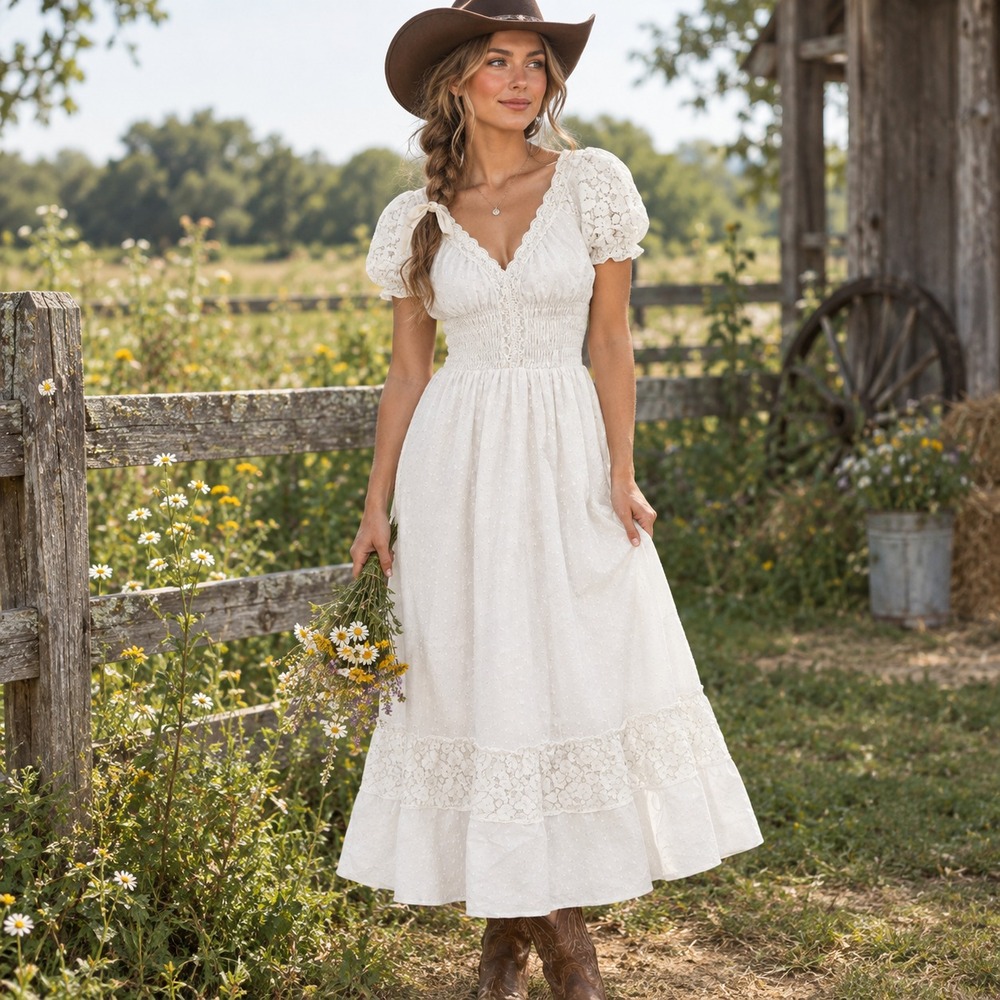 Anna Kaci Cottage Milkmaid Midi Dress Medium Cowgirl Peasant Prairie Tiered Lace